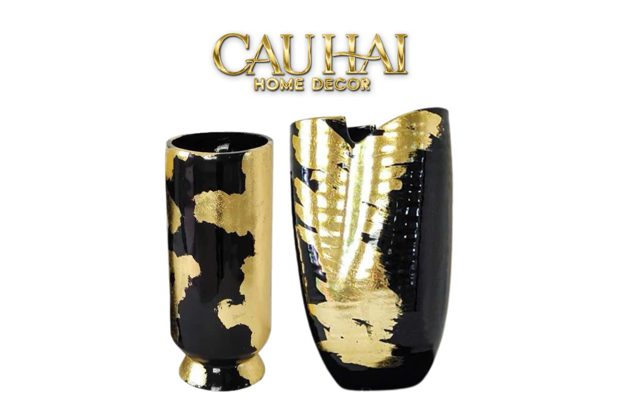 Maison Couture - Bình Hoa Gốm Mun Mài Dát Vàng Noir Laqué Feuille d’Or Vase 34 - CẬU HAI HOME DECOR