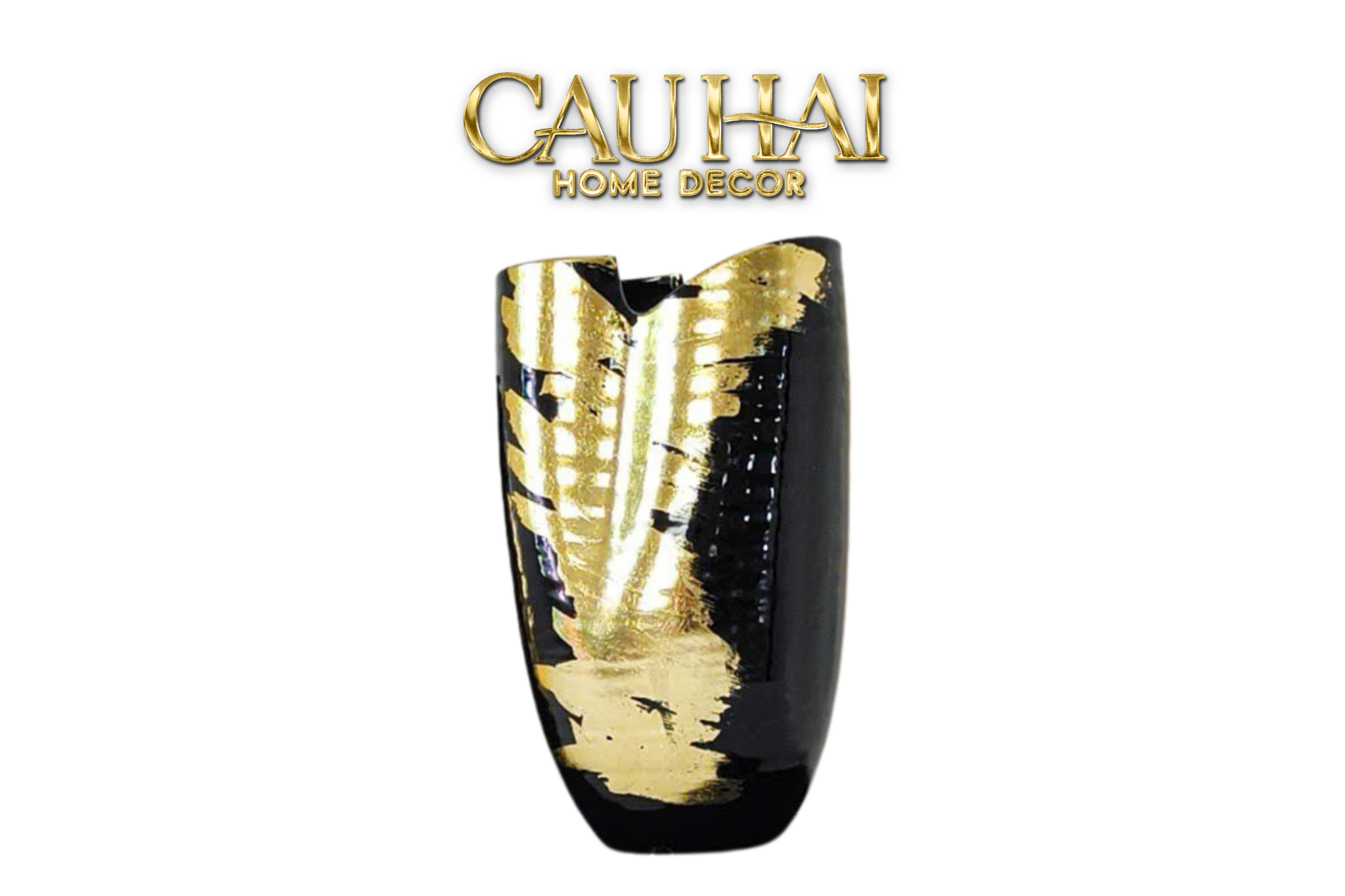 Maison Couture - Bình Hoa Gốm Mun Mài Dát Vàng Noir Laqué Feuille d’Or Vase 34 - CẬU HAI HOME DECOR