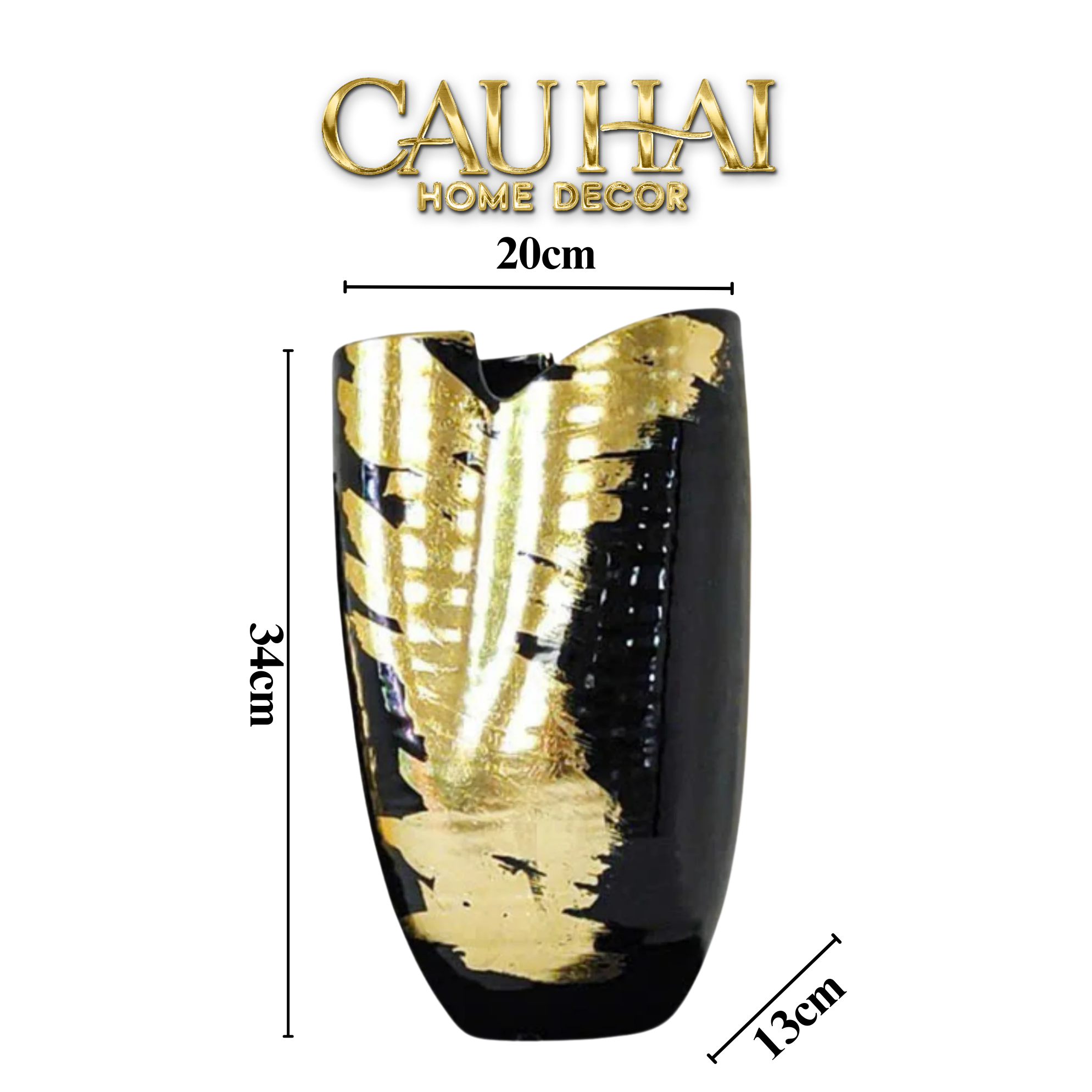 Maison Couture - Bình Hoa Gốm Mun Mài Dát Vàng Noir Laqué Feuille d’Or Vase 34 - CẬU HAI HOME DECOR