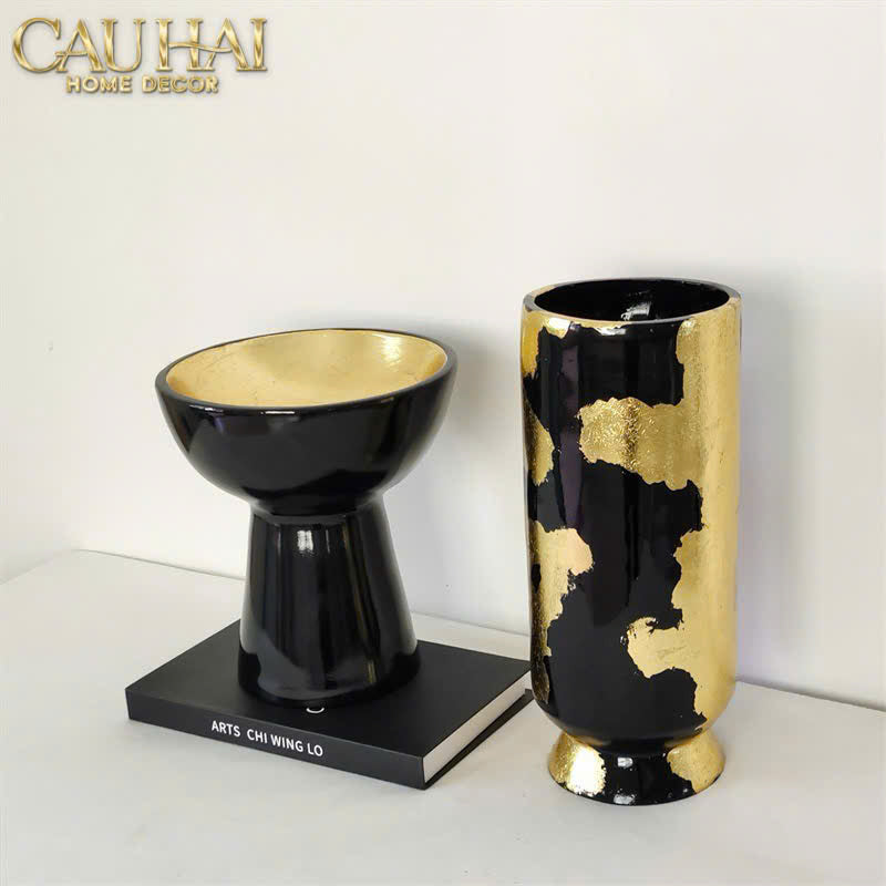 Maison Couture - Bình Hoa Gốm Mun Mài Dát Vàng Noir Laqué Feuille d’Or Vase 34 - CẬU HAI HOME DECOR