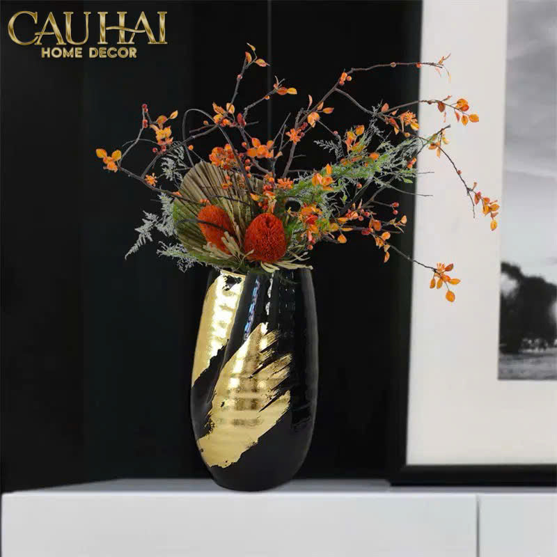 Maison Couture - Bình Hoa Gốm Mun Mài Dát Vàng Noir Laqué Feuille d’Or Vase 34 - CẬU HAI HOME DECOR