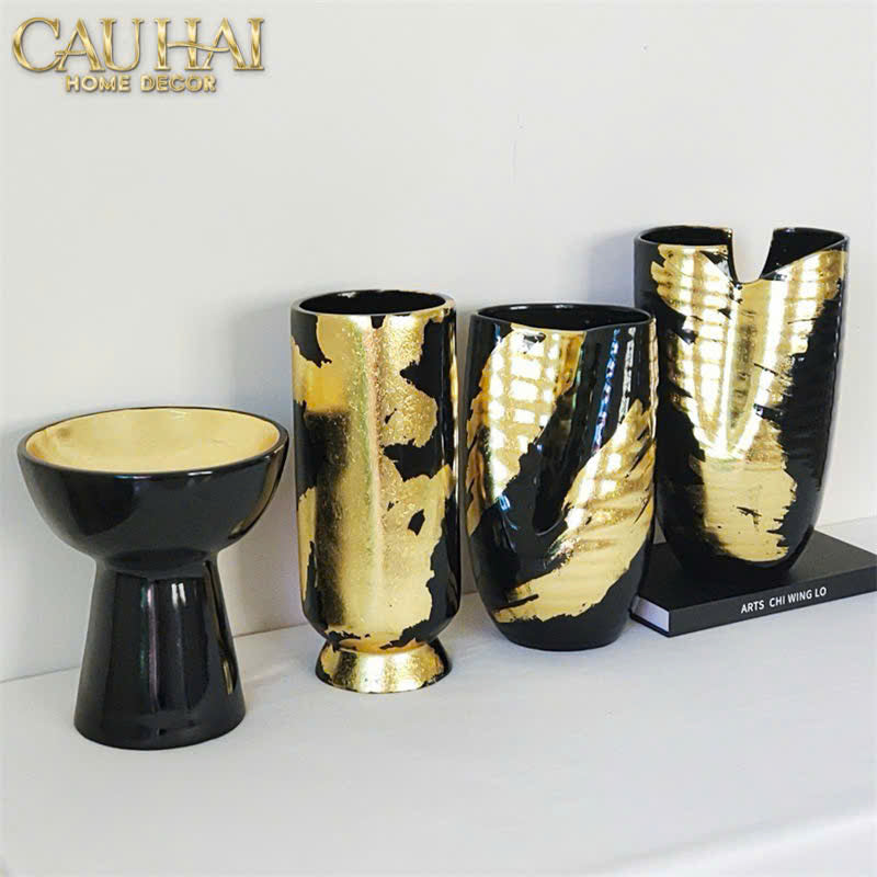 Maison Couture - Bình Hoa Gốm Mun Mài Dát Vàng Noir Laqué Feuille d’Or Vase 34 - CẬU HAI HOME DECOR