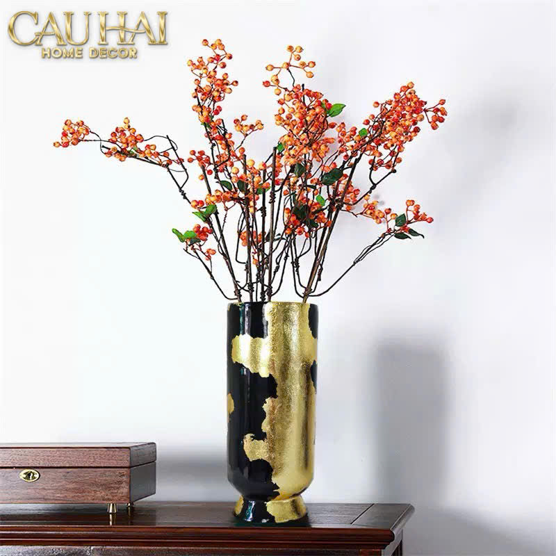 Maison Couture - Bình Hoa Gốm Mun Mài Dát Vàng Noir Laqué Feuille d’Or Vase 34 - CẬU HAI HOME DECOR