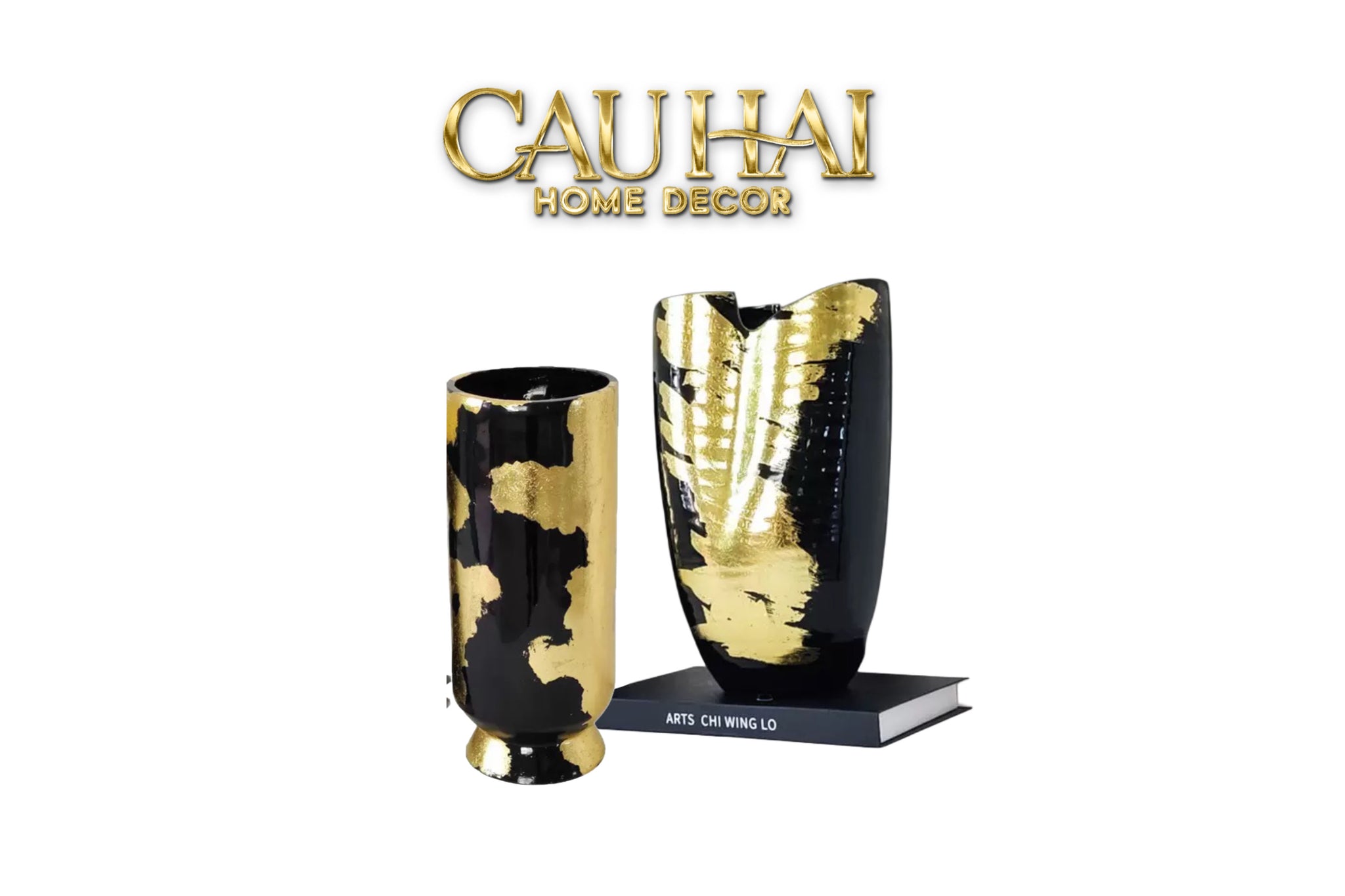 Maison Couture - Bình Hoa Gốm Mun Mài Dát Vàng Noir Laqué Feuille d’Or Vase 34 - CẬU HAI HOME DECOR