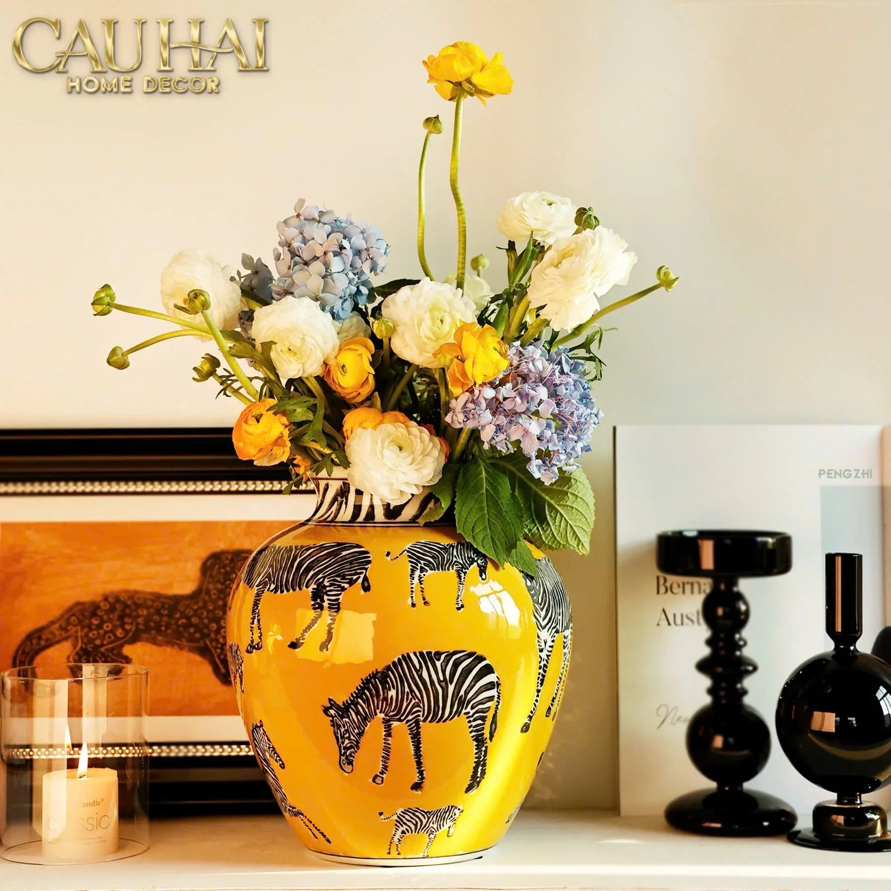 Maison Couture - Bình Hoa Gốm Sứ Hand-Painted Zebra Saffron Gold Artisan Vases-CẬU HAI HOME DECOR