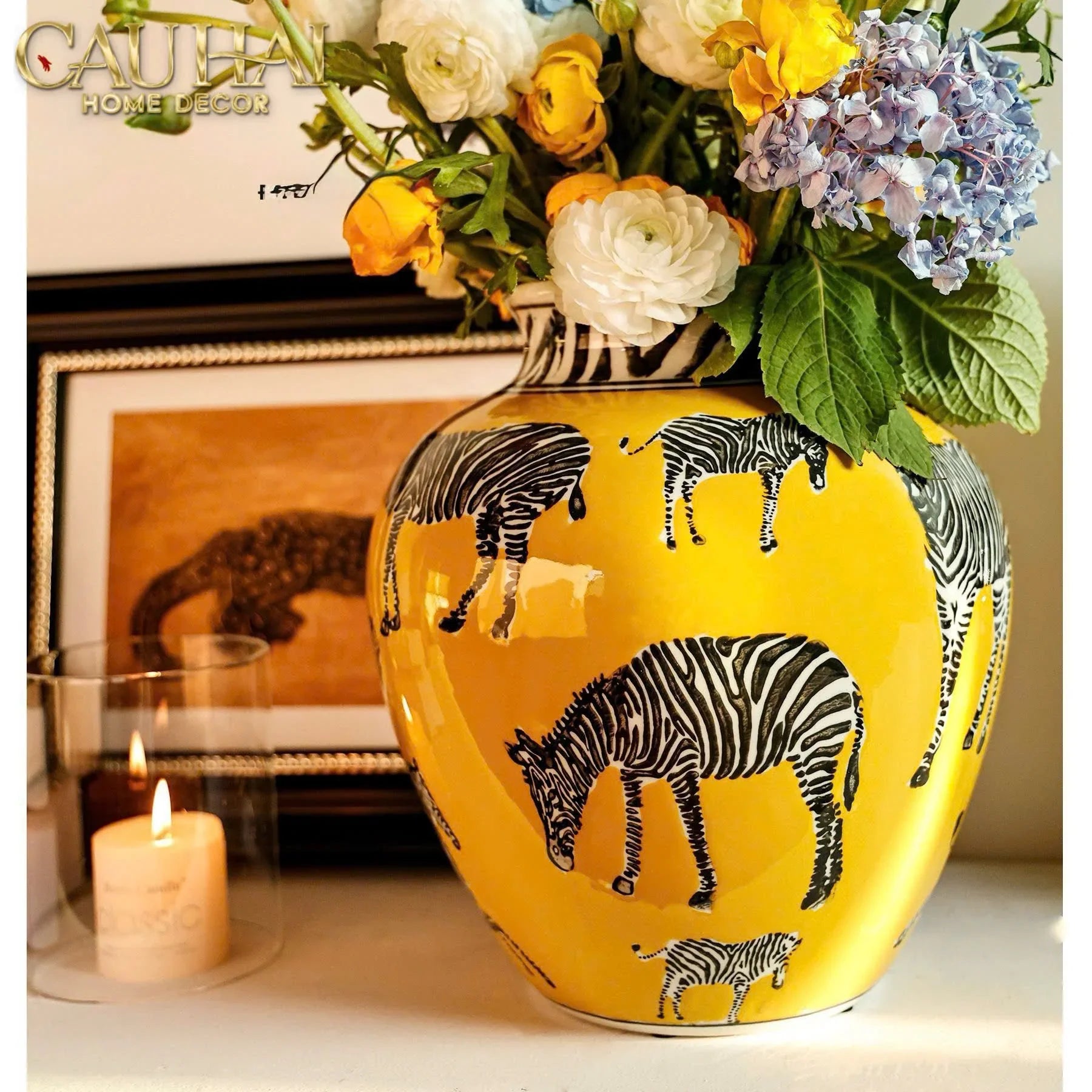 Maison Couture - Bình Hoa Gốm Sứ Hand-Painted Zebra Saffron Gold Artisan Vases-CẬU HAI HOME DECOR
