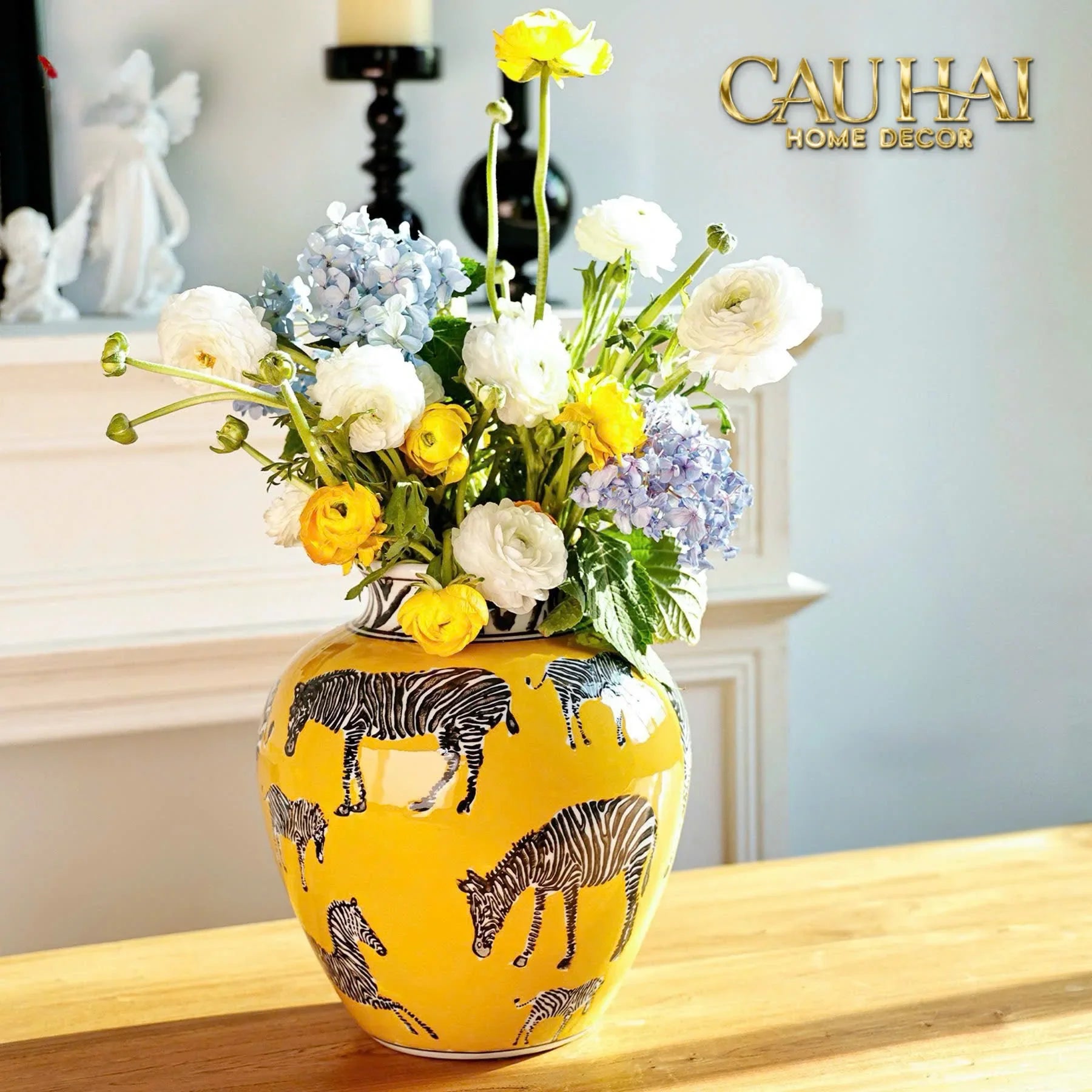 Maison Couture - Bình Hoa Gốm Sứ Hand-Painted Zebra Saffron Gold Artisan Vases-CẬU HAI HOME DECOR