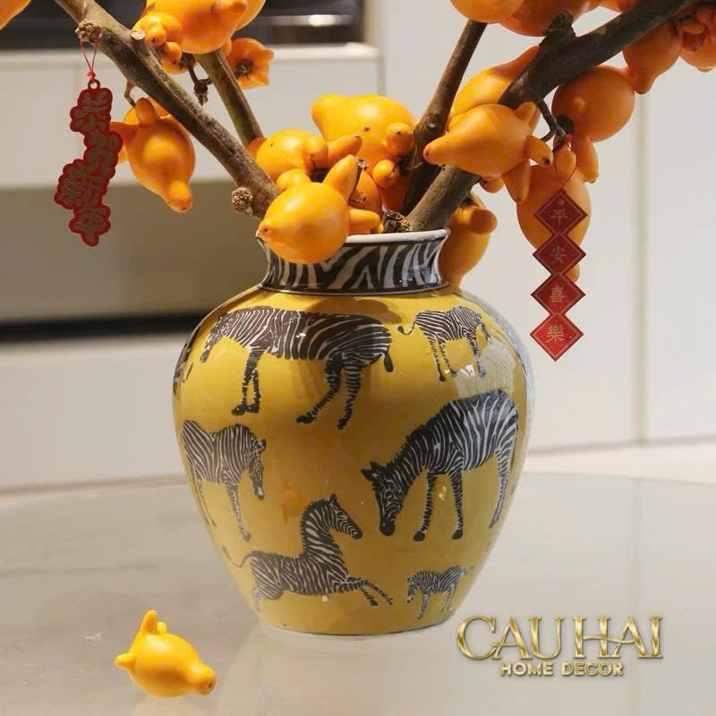 Maison Couture - Bình Hoa Gốm Sứ Hand-Painted Zebra Saffron Gold Artisan Vases - CẬU HAI HOME DECOR