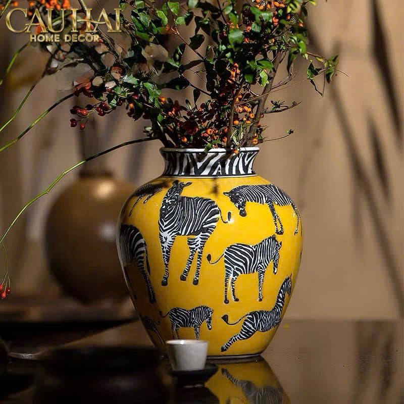 Maison Couture - Bình Hoa Gốm Sứ Hand-Painted Zebra Saffron Gold Artisan Vases - CẬU HAI HOME DECOR