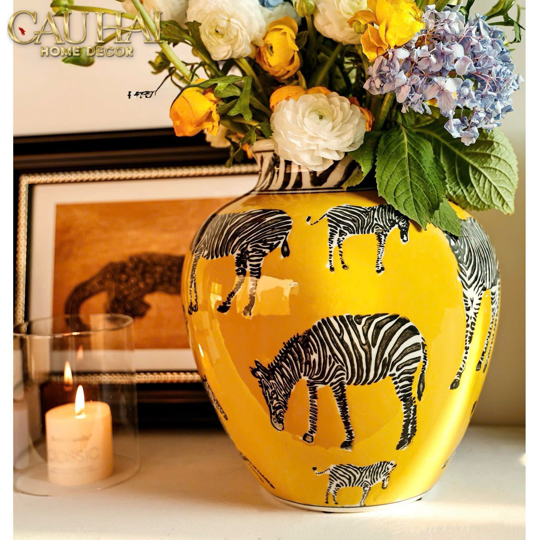 Maison Couture - Bình Hoa Gốm Sứ Hand-Painted Zebra Saffron Gold Artisan Vases - CẬU HAI HOME DECOR