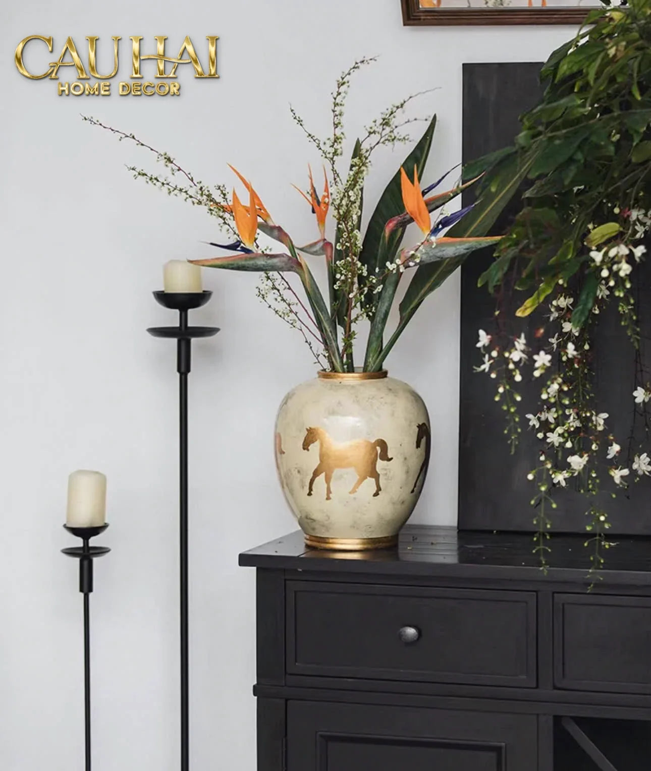 Maison Couture - Bình Hoa Gốm Sứ - Ngựa Dát Vàng Cheval Noble Ivoire Artisan Feuille D’Or Ceramic Vase H29-CẬU HAI HOME DECOR