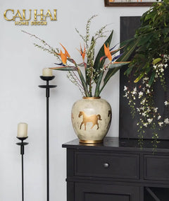 Maison Couture - Bình Hoa Gốm Sứ - Ngựa Dát Vàng Cheval Noble Ivoire Artisan Feuille D’Or Ceramic Vase H29-CẬU HAI HOME DECOR