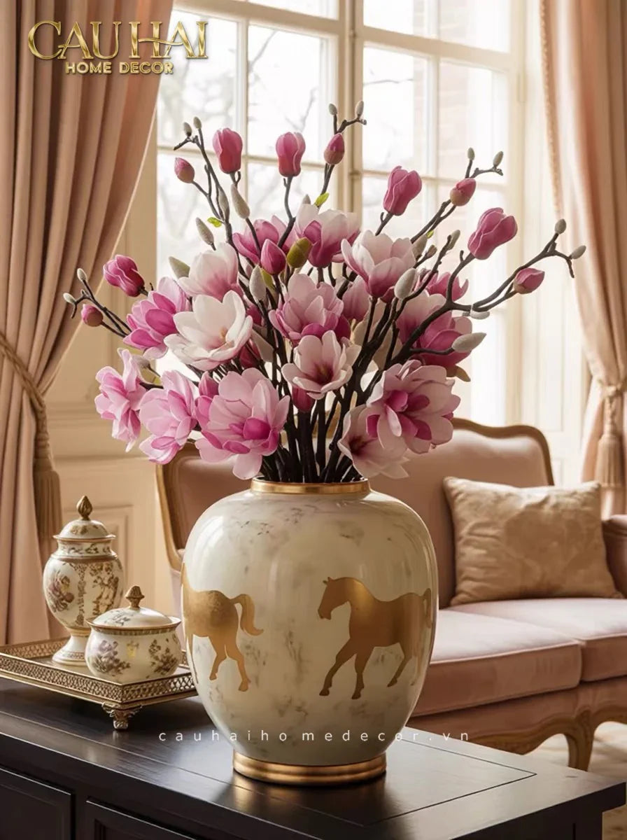 Maison Couture - Bình Hoa Gốm Sứ - Ngựa Dát Vàng Cheval Noble Ivoire Artisan Feuille D’Or Ceramic Vase H29-CẬU HAI HOME DECOR