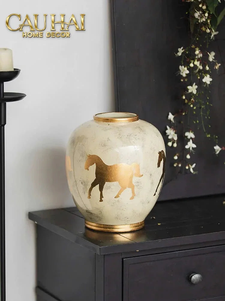 Maison Couture - Bình Hoa Gốm Sứ - Ngựa Dát Vàng Cheval Noble Ivoire Artisan Feuille D’Or Ceramic Vase H29-CẬU HAI HOME DECOR