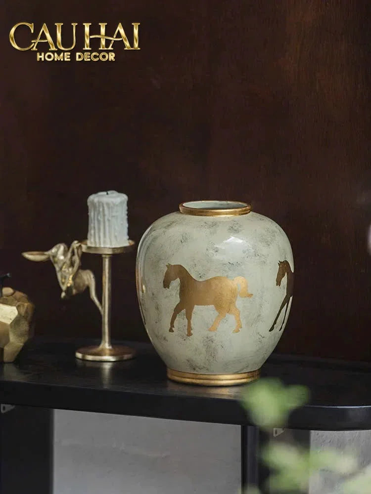 Maison Couture - Bình Hoa Gốm Sứ - Ngựa Dát Vàng Cheval Noble Ivoire Artisan Feuille D’Or Ceramic Vase H29-CẬU HAI HOME DECOR