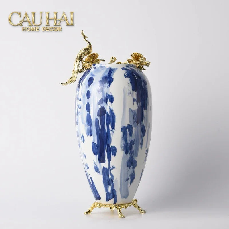 Maison Couture - Bình Hoa Khổng Tước Bằng Đồng- Dynasty Regal Paon Indigo Indochine H42-CẬU HAI HOME DECOR