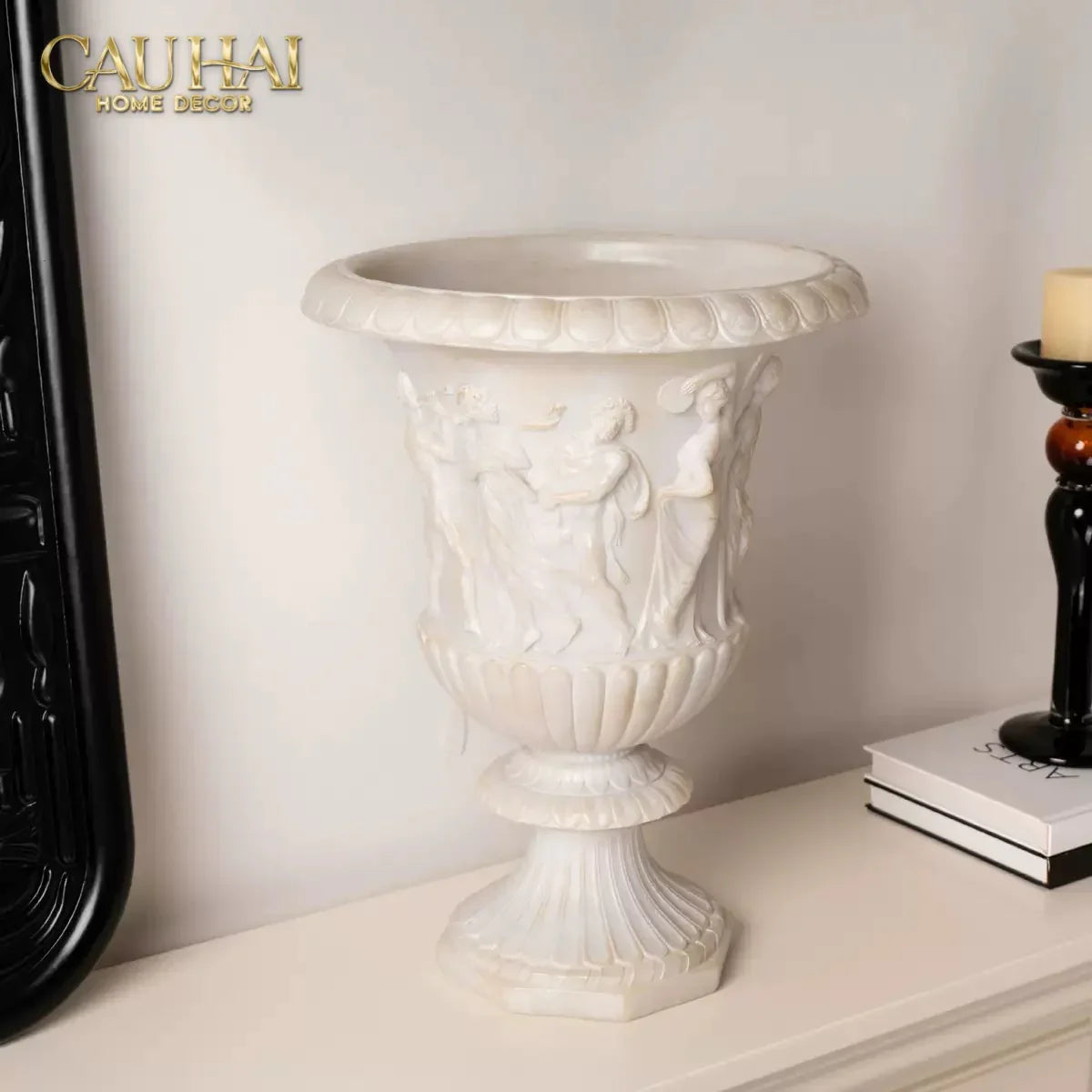 Maison Couture - Bình Hoa Phù Điêu Đá Sa Thạch Giả Ngọc - Amphora Des Dieux Dionysien - Patrimoine H47xM35-CẬU HAI HOME DECOR