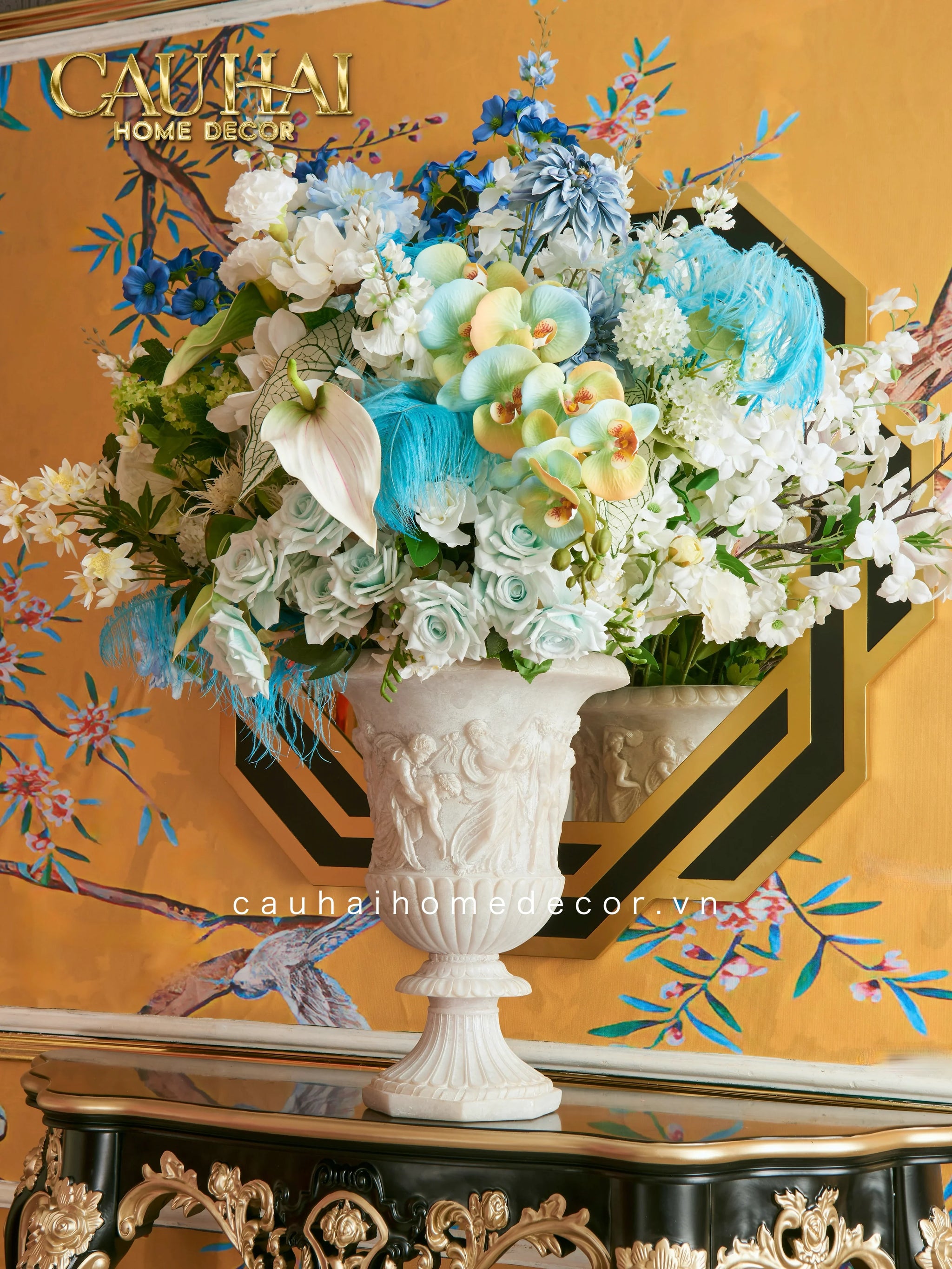 Maison Couture - Bình Hoa Phù Điêu Đá Sa Thạch Giả Ngọc - Amphora Des Dieux Dionysien - Patrimoine H47xM35-CẬU HAI HOME DECOR