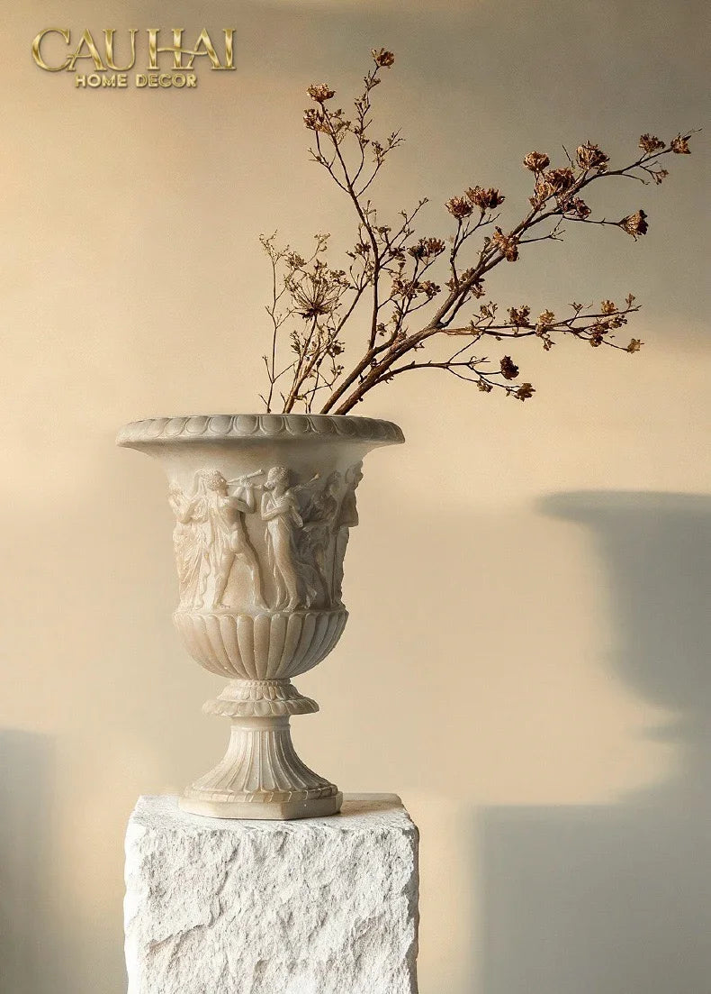 Maison Couture - Bình Hoa Phù Điêu Đá Sa Thạch Giả Ngọc - Amphora Des Dieux Dionysien - Patrimoine H47xM35-CẬU HAI HOME DECOR
