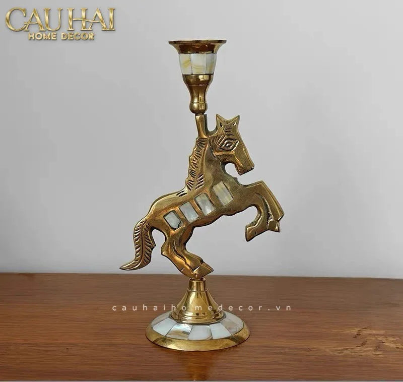 Maison Couture - Đế Nến Ngựa Đồng Khảm Trai Đế Pha Lê Vàng - Mahogany Cheval Majesté Candle Holders 11x21-CẬU HAI HOME DECOR