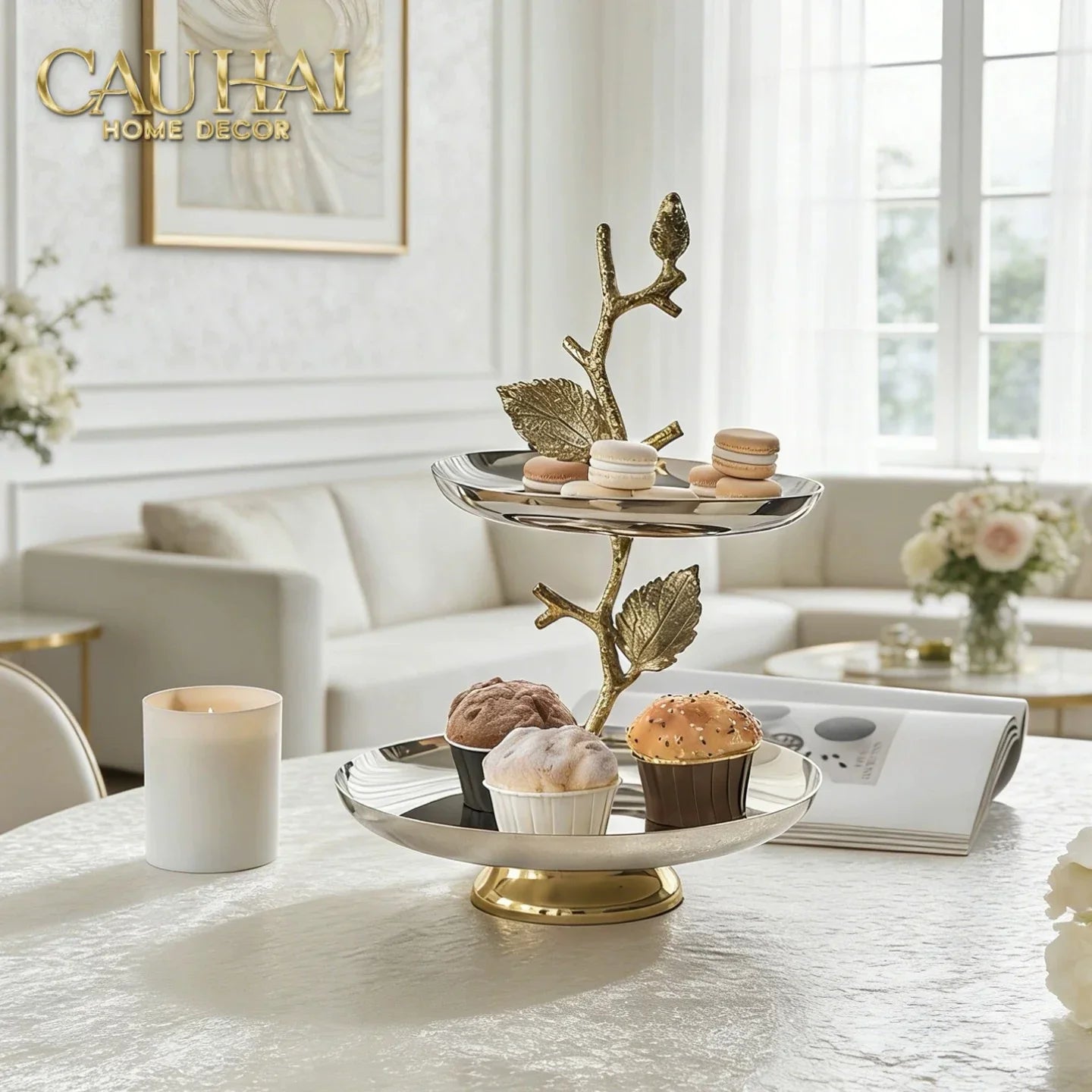 Maison Couture - Đĩa Bánh 2 Tầng Indira Atélier - Platinum Elysian Étagère - 2 Niveaux 25x40.6.-CẬU HAI HOME DECOR