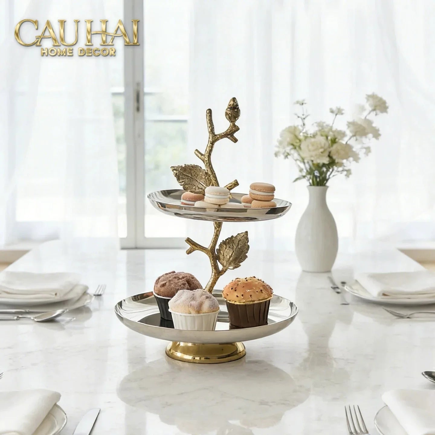 Maison Couture - Đĩa Bánh 2 Tầng Indira Atélier - Platinum Elysian Étagère - 2 Niveaux 25x40.6.-CẬU HAI HOME DECOR