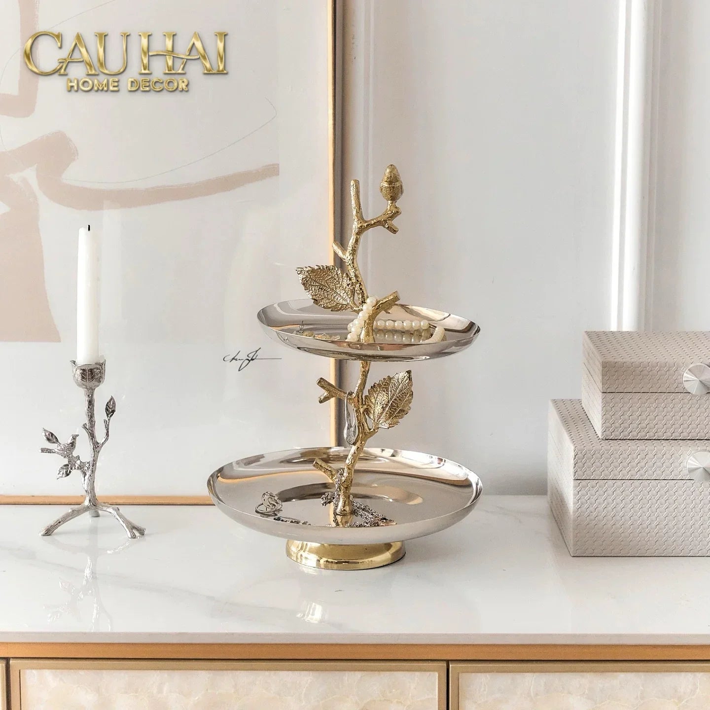 Maison Couture - Đĩa Bánh 2 Tầng Indira Atélier - Platinum Elysian Étagère - 2 Niveaux 25x40.6.-CẬU HAI HOME DECOR