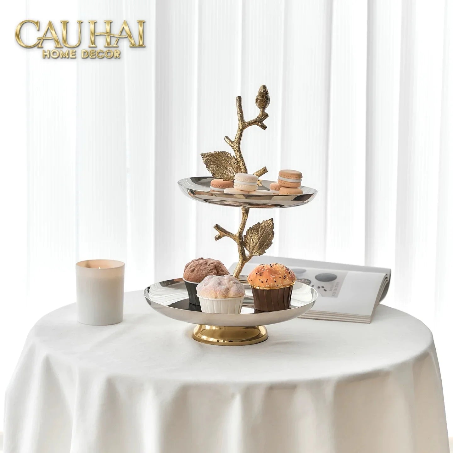 Maison Couture - Đĩa Bánh 2 Tầng Indira Atélier - Platinum Elysian Étagère - 2 Niveaux 25x40.6.-CẬU HAI HOME DECOR