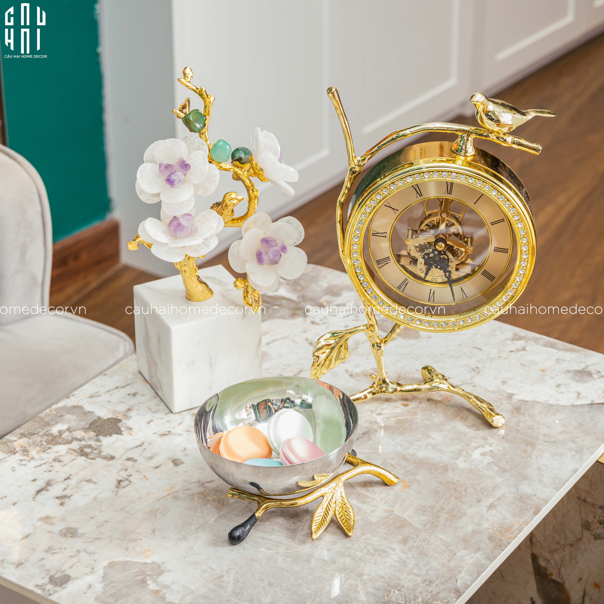 Maison Couture - Đồng Hồ Để Bàn Bằng Đồng Golden Empire Emperor Bird Of The Paradise Castle 11x22x20-CẬU HAI HOME DECOR