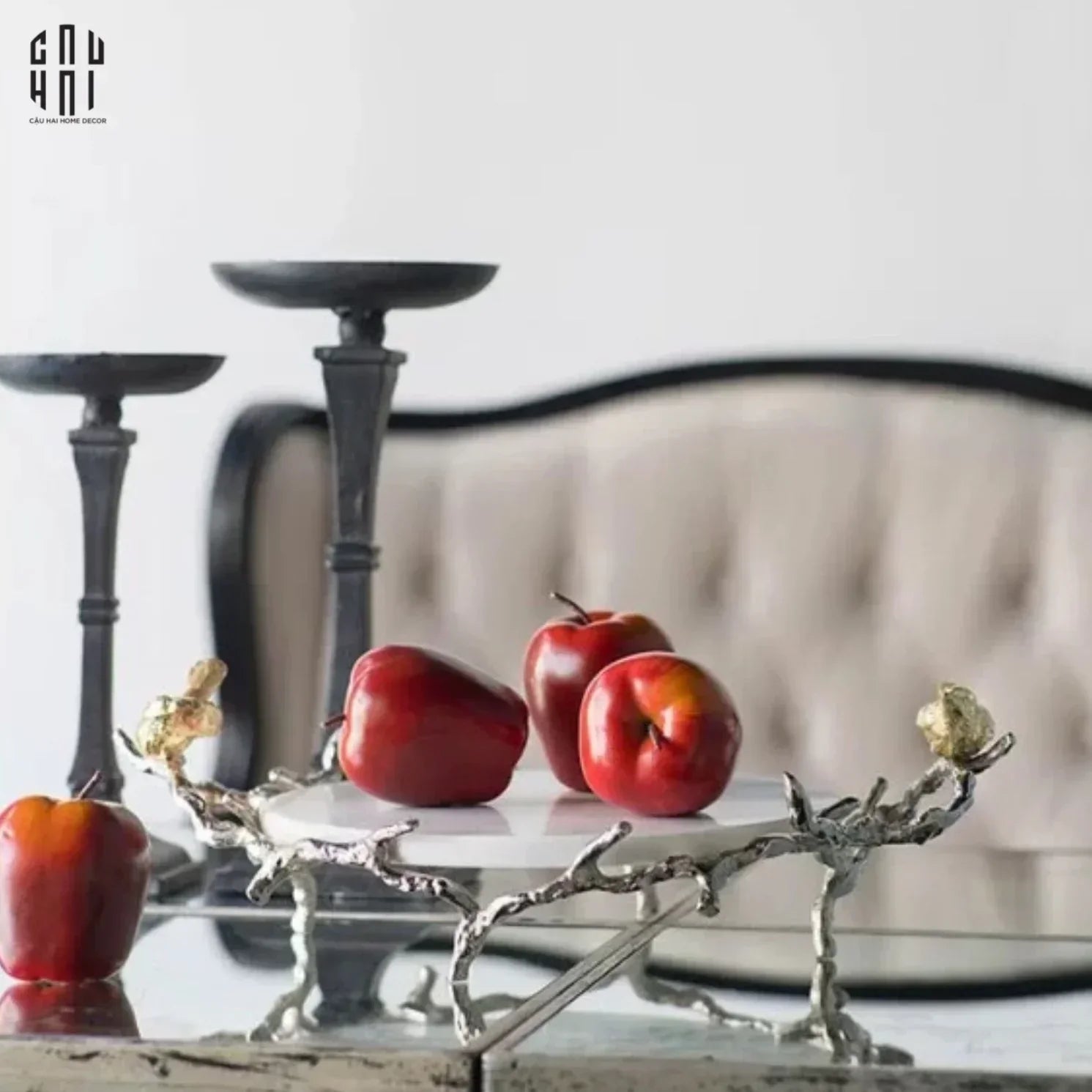 Maison Couture Elysian - Khay Tròn Bằng Đồng Mạ Bạc Đá Cẩm Thạch Imperium Empire Elysian Platinum 14x33x50-CẬU HAI HOME DECOR