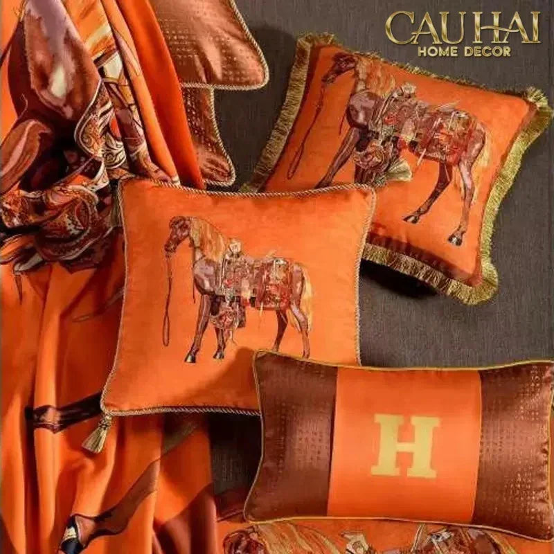 Maison Couture - Gối Nhung Chenille Cao Cấp Signature Orange Cheval Équestre 30x50 Corner Tassel-CẬU HAI HOME DECOR