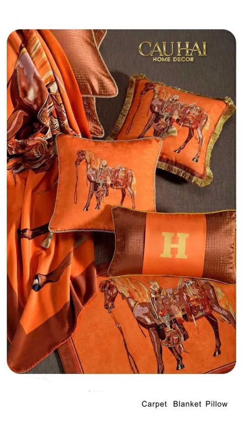 Maison Couture - Gối Nhung Chenille Cao Cấp Signature Orange Cheval Équestre 30x50 Corner Tassel-CẬU HAI HOME DECOR