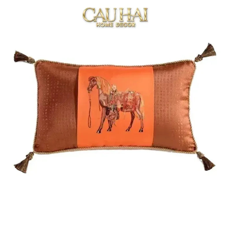 Maison Couture - Gối Nhung Chenille Cao Cấp Signature Orange Cheval Équestre 30x50 Corner Tassel-CẬU HAI HOME DECOR
