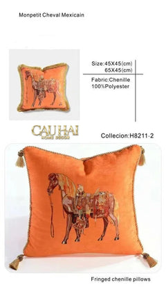 Maison Couture - Gối Nhung Chenille Cao Cấp Signature Orange Cheval Équestre 30x50 Corner Tassel-CẬU HAI HOME DECOR