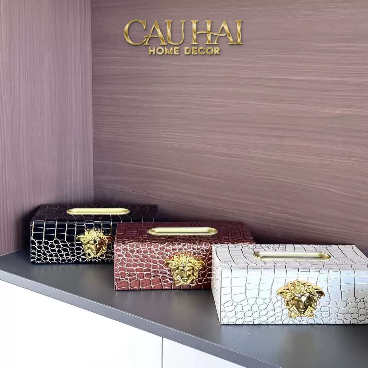 Maison Couture - Hộp Khăn Giấy Da V Class Medusa Croco Glossy Leather 24x13x9