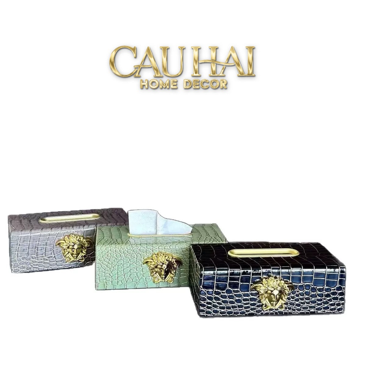 Maison Couture - Hộp Khăn Giấy Da V Class Medusa Croco Glossy Leather 24x13x9-CẬU HAI HOME DECOR