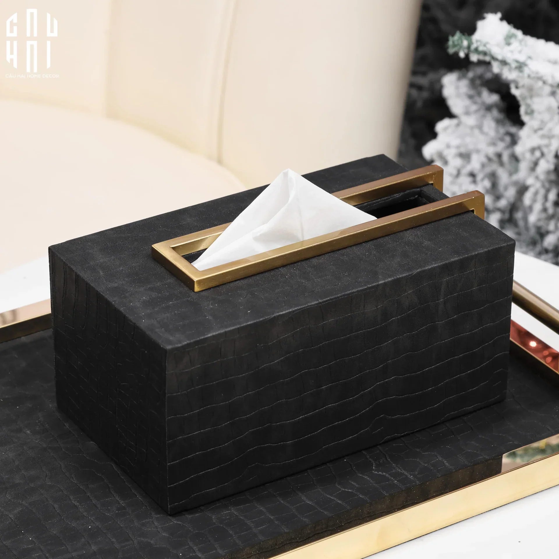 Maison Couture - Hộp Khăn Giấy Gỗ Sồi Birkin Savoir Atélier Croco Leather-HỘP KHĂN GIẤY-CẬU HAI HOME DECOR