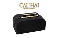 Maison Couture - Hộp Khăn Giấy Gỗ Sồi Bọc Da Cao Cấp Bamboo Signature Saddles - Savoir / Ivoire 22x13-CẬU HAI HOME DECOR