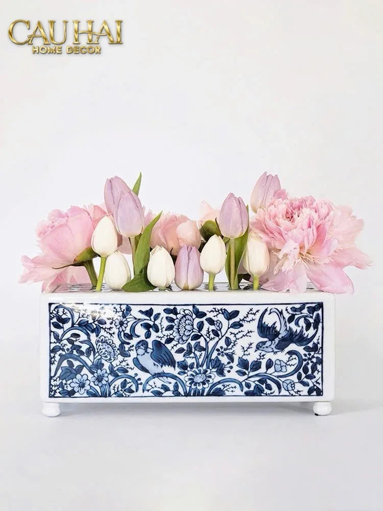 Maison Couture - Khay Bình Hoa Blue Indigo Indochine Héritage Floral Centerpiece Porcelain Trays 29.5 x 11-CẬU HAI HOME DECOR