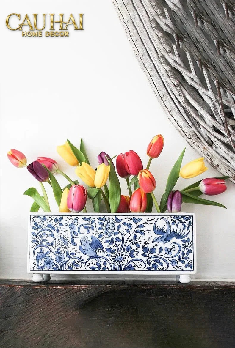 Maison Couture - Khay Bình Hoa Blue Indigo Indochine Héritage Floral Centerpiece Porcelain Trays 29.5 x 11-CẬU HAI HOME DECOR