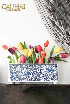 Maison Couture - Khay Bình Hoa Blue Indigo Indochine Héritage Floral Centerpiece Porcelain Trays 29.5 x 11-CẬU HAI HOME DECOR