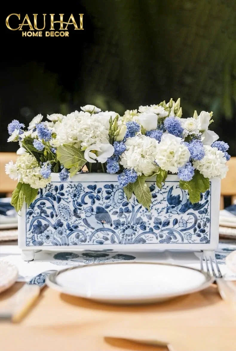 Maison Couture - Khay Bình Hoa Blue Indigo Indochine Héritage Floral Centerpiece Porcelain Trays 29.5 x 11-CẬU HAI HOME DECOR