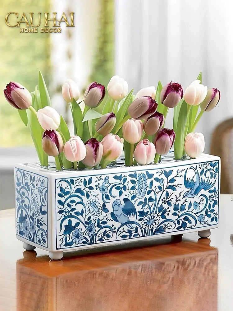 Maison Couture - Khay Bình Hoa Blue Indigo Indochine Héritage Floral Centerpiece Porcelain Trays 29.5 x 11-CẬU HAI HOME DECOR