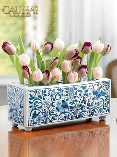 Maison Couture - Khay Bình Hoa Blue Indigo Indochine Héritage Floral Centerpiece Porcelain Trays 29.5 x 11-CẬU HAI HOME DECOR