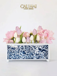 Maison Couture - Khay Bình Hoa Blue Indigo Indochine Héritage Floral Centerpiece Porcelain Trays 29.5 x 11-CẬU HAI HOME DECOR