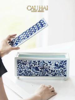 Maison Couture - Khay Bình Hoa Blue Indigo Indochine Héritage Floral Centerpiece Porcelain Trays 29.5 x 11-CẬU HAI HOME DECOR