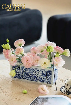 Maison Couture - Khay Bình Hoa Blue Indigo Indochine Héritage Floral Centerpiece Porcelain Trays 29.5 x 11-CẬU HAI HOME DECOR