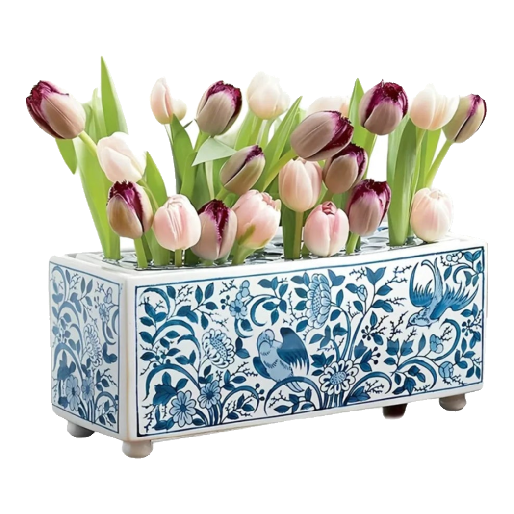 Maison Couture -  Khay Bình Hoa Blue Indigo  Indochine Héritage Floral Centerpiece Porcelain Trays 29.5 x 11