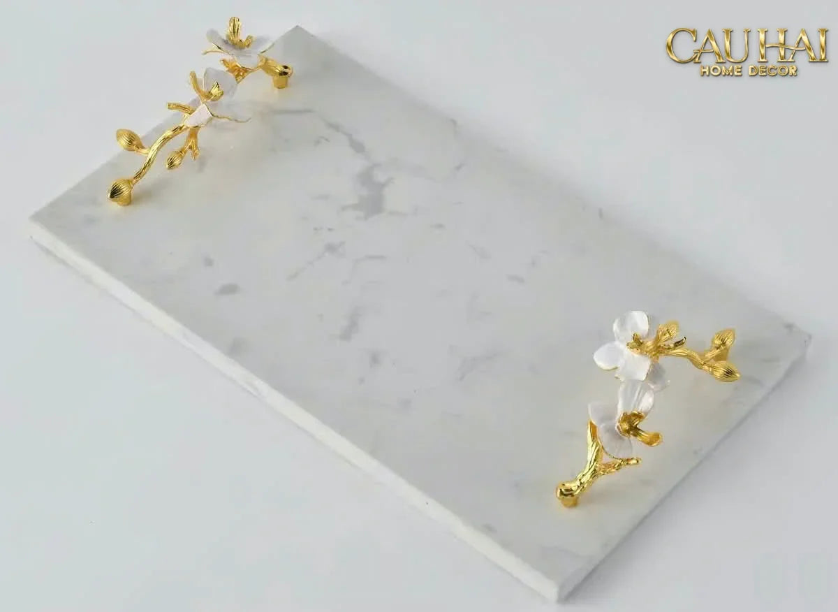 Maison Couture - Khay Đá Marble Chữ Nhật Haute Orchid Golden Branches Decorative Trays 22x37-CẬU HAI HOME DECOR
