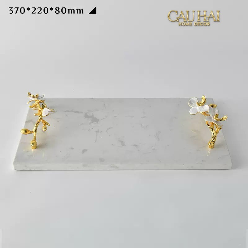 Maison Couture - Khay Đá Marble Chữ Nhật Haute Orchid Golden Branches Decorative Trays 22x37-CẬU HAI HOME DECOR